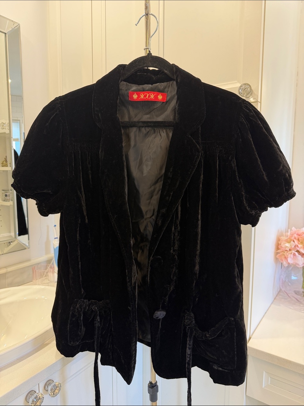 MXM Black Velvet Short Sleeve Notch Collar Blazer